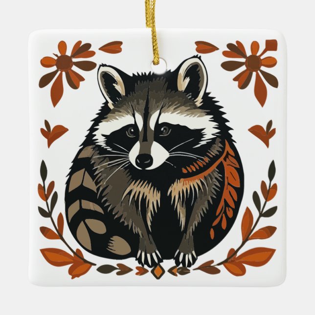 Whimsical Raccoon Woodland Animal Folk or Tribal A Ceramic Ornament (Front)