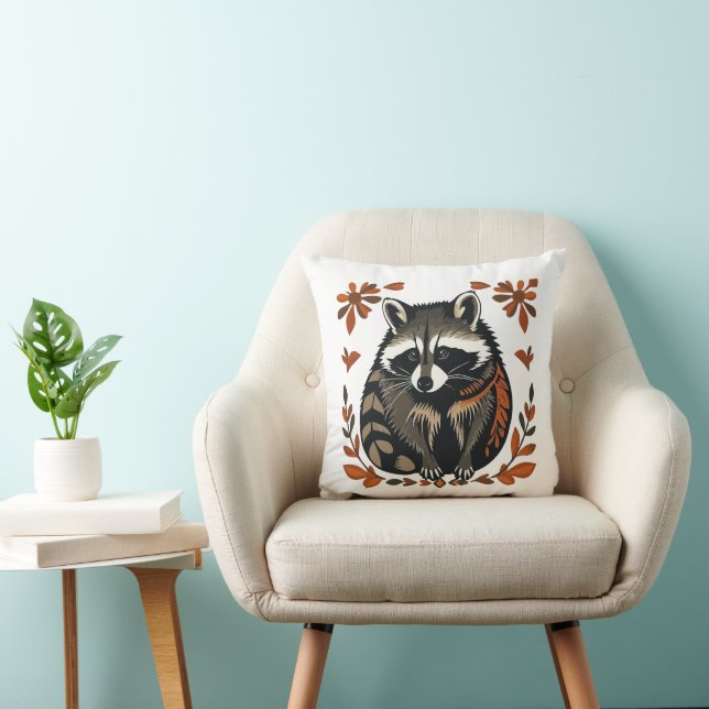 Whimsical Raccoon Woodland Animal Folk or Tribal A Throw Pillow (Chair)