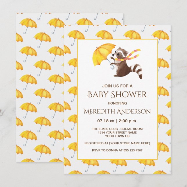 Whimsical Raccoon Yellow Umbrellas Baby Shower Invitation (Front/Back)