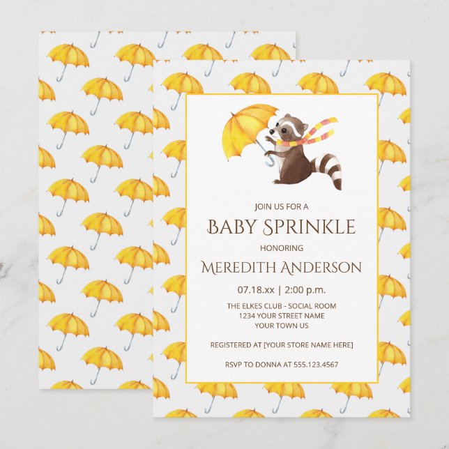 Whimsical Raccoon Yellow Umbrellas Baby Sprinkle Invitation (Front/Back)