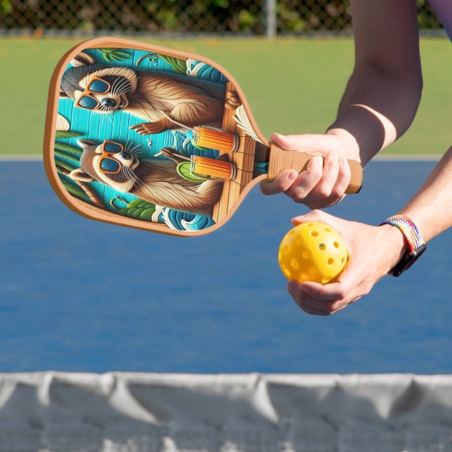 Whimsical Raccoons Perched on Rustic Table Pickleball Paddle (Insitu)
