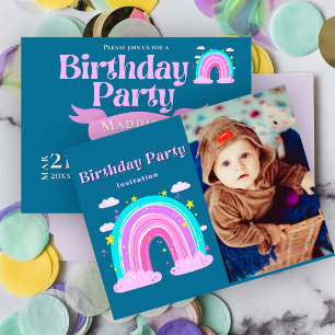 Whimsical Rainbow 1st Birthday Photo Invitation