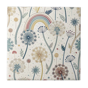 Whimsical Rainbow and Botanical Dandelions (2) Ceramic Tile