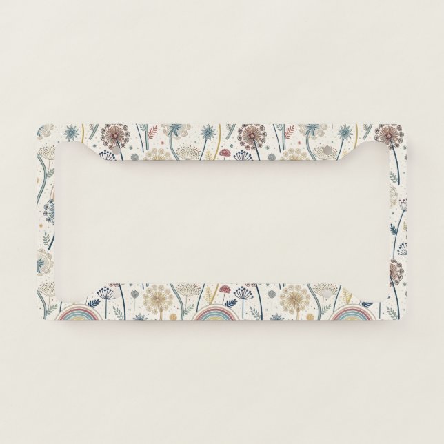 Whimsical Rainbow and Botanical Dandelions (2) License Plate Frame (Front)