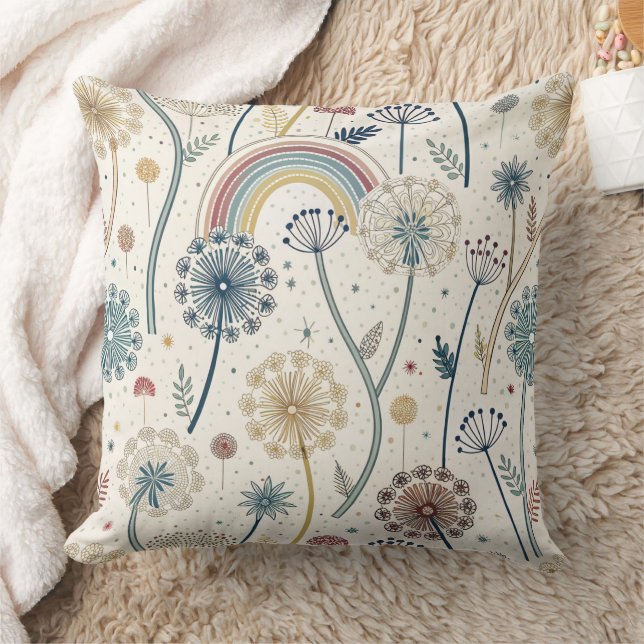 Whimsical Rainbow and Botanical Dandelions (2) Throw Pillow (Blanket)