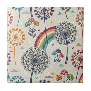 Whimsical Rainbow and Botanical Dandelions Ceramic Tile