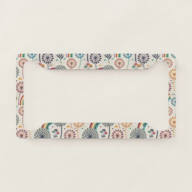 Whimsical Rainbow and Botanical Dandelions License Plate Frame (Front)