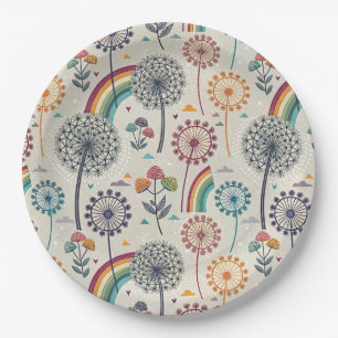 Whimsical Rainbow and Botanical Dandelions Paper Plates
