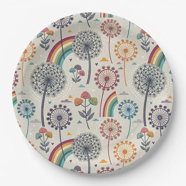 Whimsical Rainbow and Botanical Dandelions Paper Plates (Front)