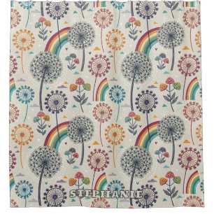 Whimsical Rainbow and Botanical Dandelions Shower Curtain
