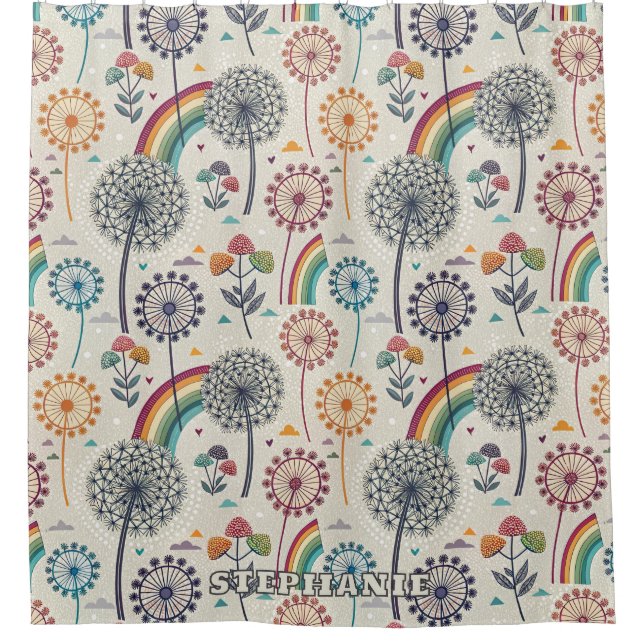 Whimsical Rainbow and Botanical Dandelions Shower Curtain (Front)