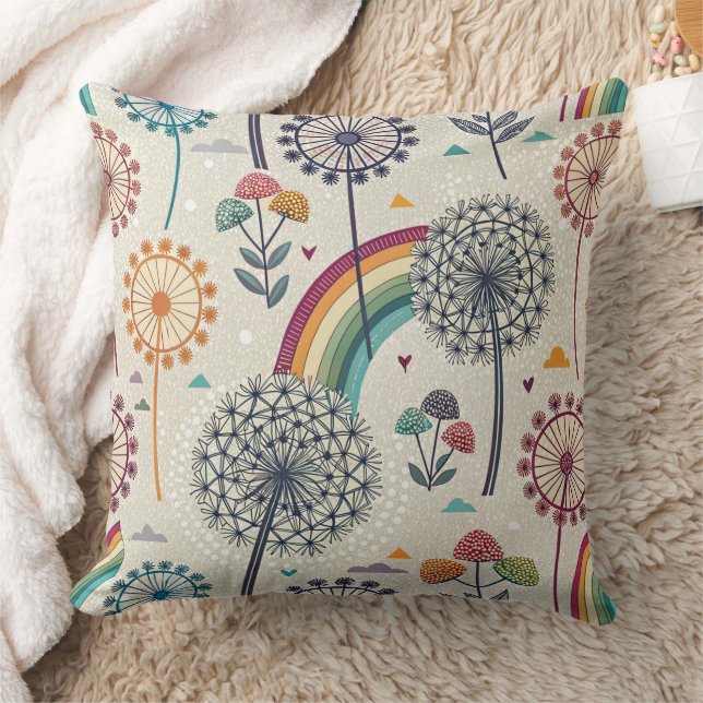 Whimsical Rainbow and Botanical Dandelions Throw Pillow (Blanket)
