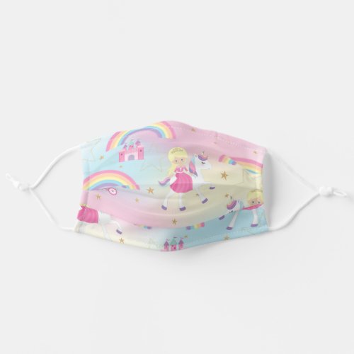 Whimsical Rainbow Blonde Princess and Unicorn Girl Adult Cloth Face Mask