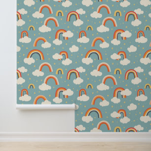 Whimsical Rainbow Clouds Pattern Modern Nursery Wallpaper