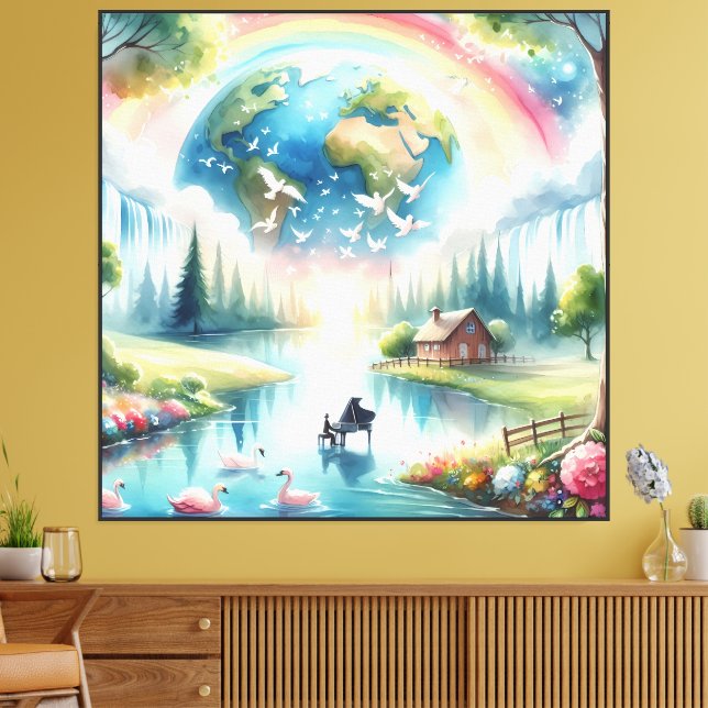 Whimsical Rainbow Earth Fantasy Scene Canvas Print (Insitu(LivingRoom))