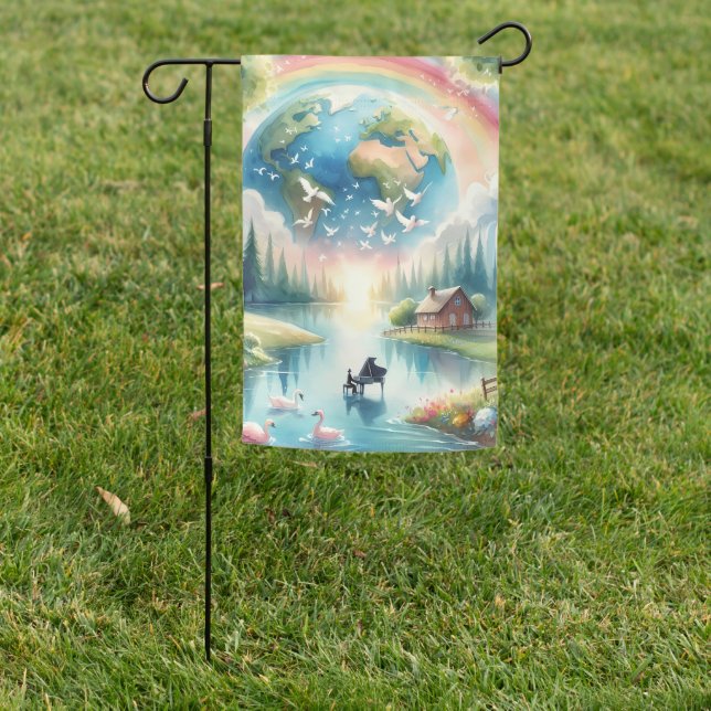 Whimsical Rainbow Earth Fantasy Scene Garden Flag (In SItu)