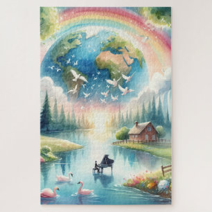 Whimsical Rainbow Earth Fantasy Scene Jigsaw Puzzle