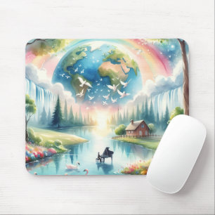 Whimsical Rainbow Earth Fantasy Scene Mouse Pad