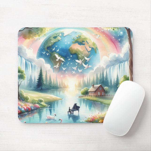 Whimsical Rainbow Earth Fantasy Scene Mouse Pad (With Mouse)