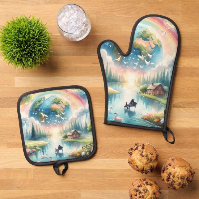 Whimsical Rainbow Earth Fantasy Scene Oven Mitt & Pot Holder Set (Top Down)