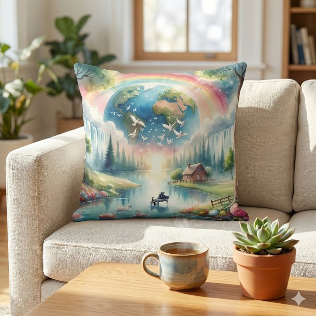 Whimsical Rainbow Earth Fantasy Scene Throw Pillow (Whimsical Rainbow Earth Fantasy Scene Throw Pillow Mockup A)