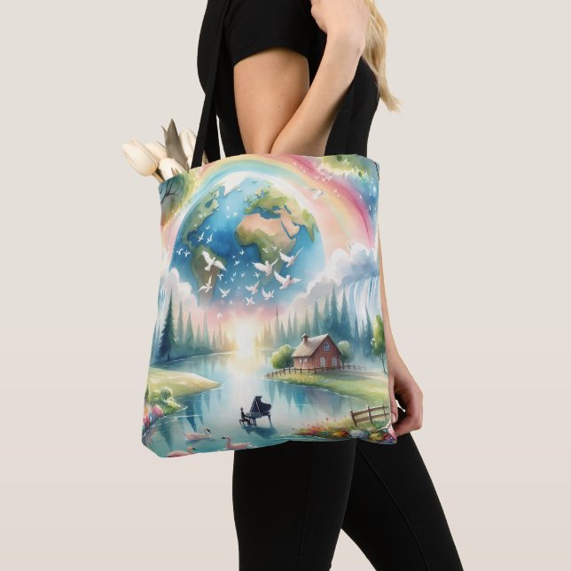 Whimsical Rainbow Earth Fantasy Scene Tote Bag (Close Up)