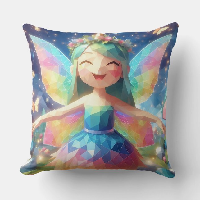 Whimsical Rainbow Fairy in a Magical Forest Throw Pillow (Front)