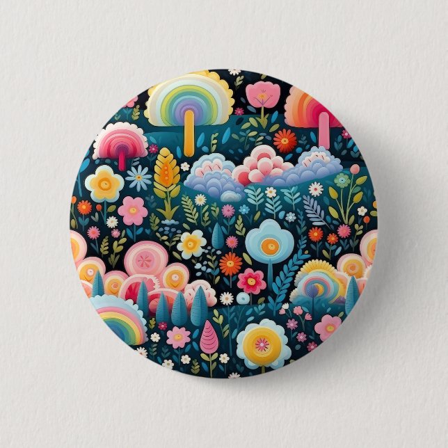 Whimsical Rainbow Garden Floral Fantasy Pattern Button (Front)