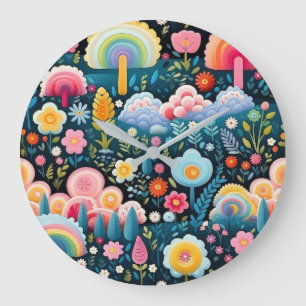 Whimsical Rainbow Garden Floral Fantasy Pattern Large Clock