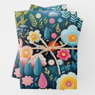 Whimsical Rainbow Garden Floral Fantasy Pattern Wrapping Paper Sheets