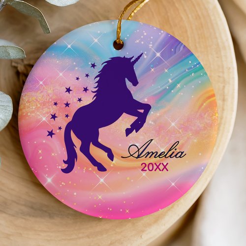 Whimsical Rainbow Girly Holiday Unicorn Keepsake Ceramic Ornament