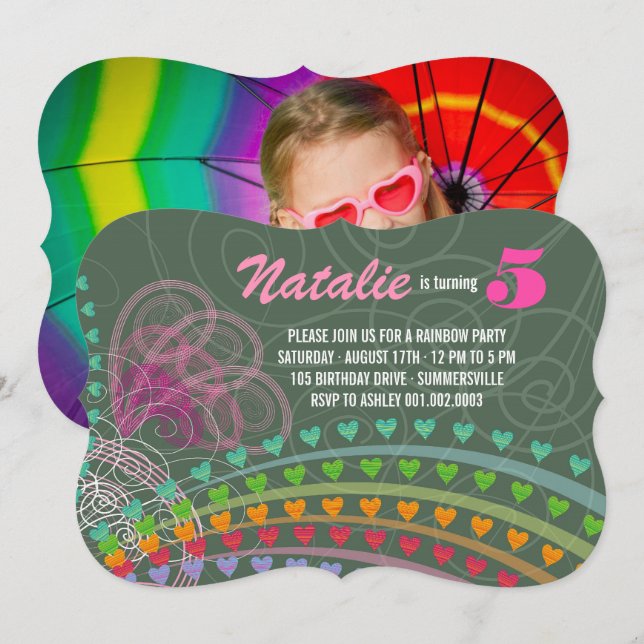 Whimsical Rainbow Heart Girl Birthday Photo Invite (Front/Back)