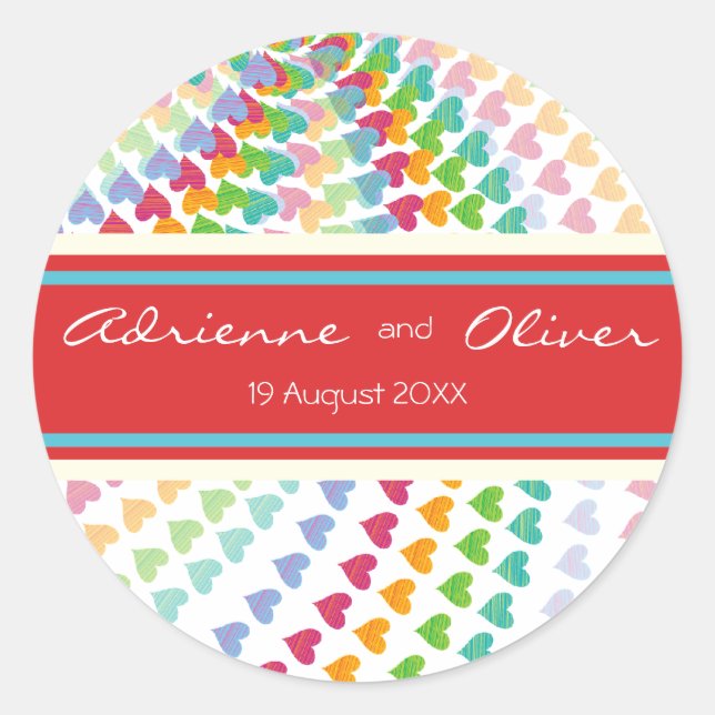 Whimsical Rainbow Heart Sprinkles Party Stickers (Front)