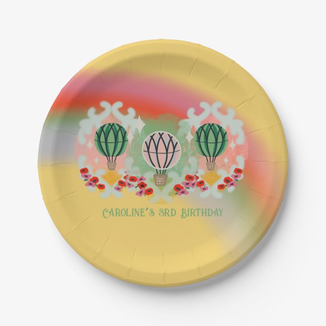 Whimsical Rainbow Hot Air Balloon Birthday Paper Plates (Front)