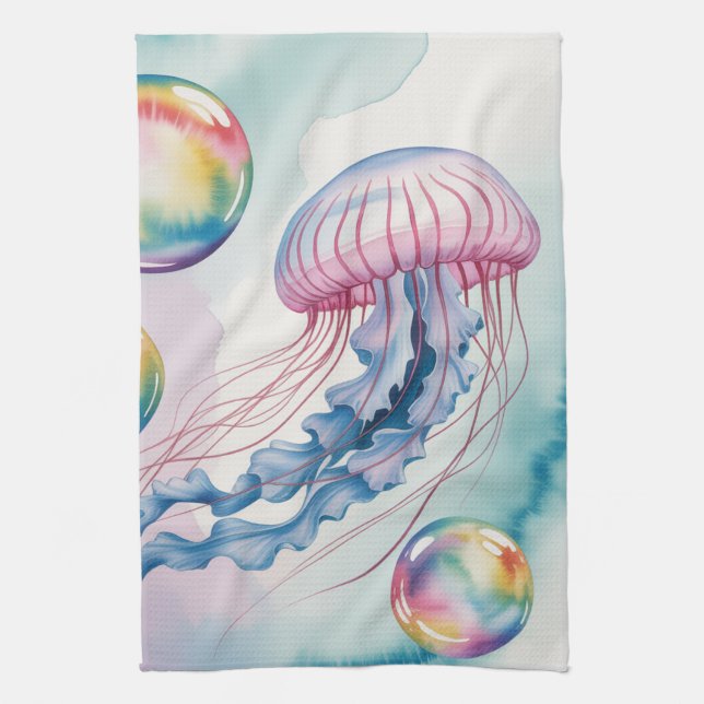Whimsical Rainbow Jellyfish Watercolor Design Kitchen Towel (Vertical)