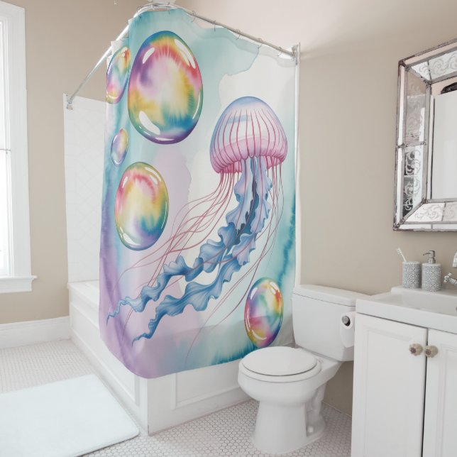Whimsical Rainbow Jellyfish Watercolor Design Shower Curtain (In Situ)
