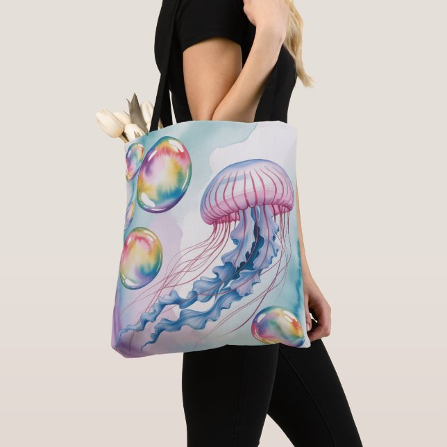 Whimsical Rainbow Jellyfish Watercolor Design Tote Bag (Close Up)