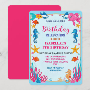 whimsical rainbow mermaid seahorse star birthday save the date