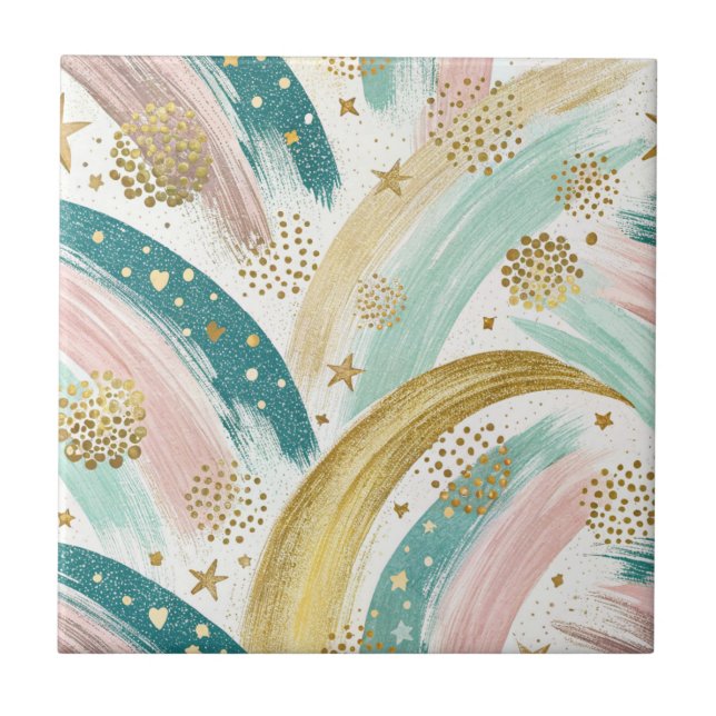 Whimsical Rainbow Pastel Abstract with Gold Stars Ceramic Tile (Front)