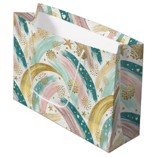 Whimsical Rainbow Pastel Abstract with Gold Stars Large Gift Bag