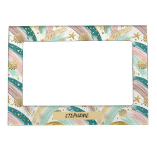 Whimsical Rainbow Pastel Abstract with Gold Stars Magnetic Frame