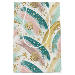 Whimsical Rainbow Pastel Abstract with Gold Stars Medium Gift Bag
