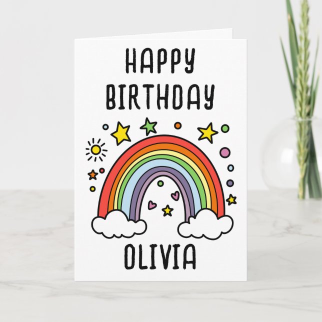 Whimsical Rainbow Personalized Girls Birthday Card (Front)