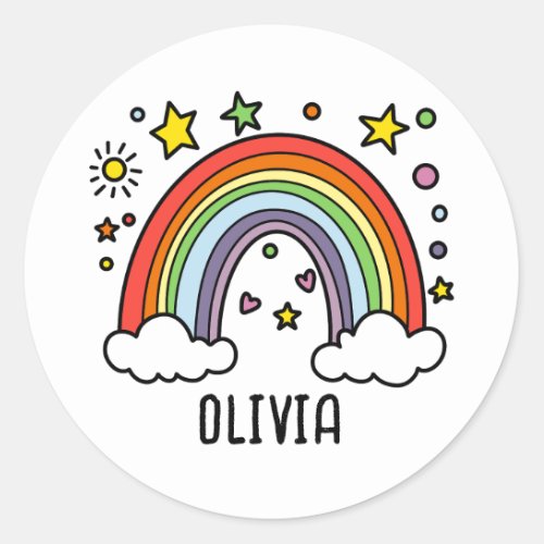 Whimsical Rainbow Personalized Girls Classic Round Sticker