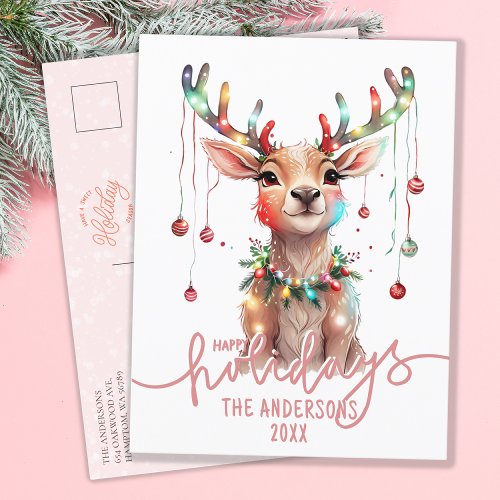 Whimsical Rainbow Reindeer and Christmas Lights Postcard