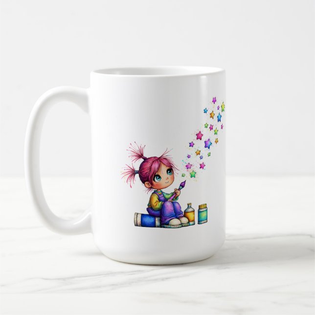 Whimsical Rainbow Star Painter Girl Coffee Mug (Left)