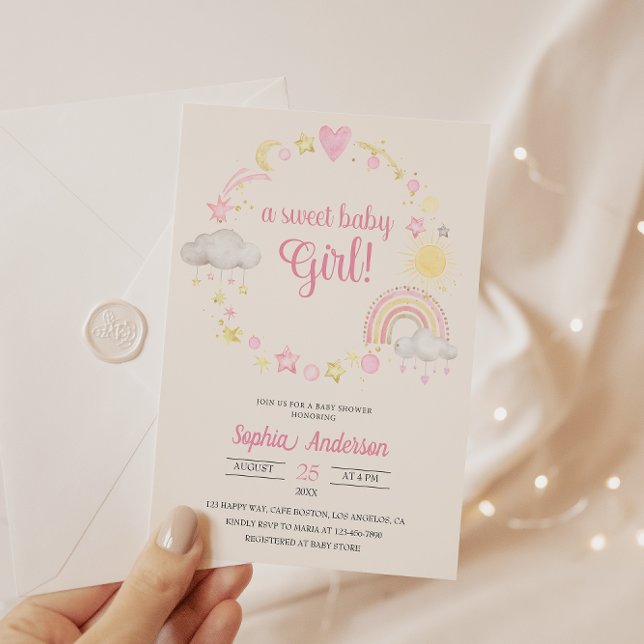 Whimsical Rainbow & Stars Baby Shower It's a Girl  Invitation (Creator Uploaded)