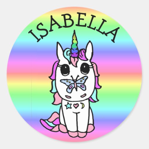 Whimsical Rainbow Unicorn and Butterfly Classic Round Sticker