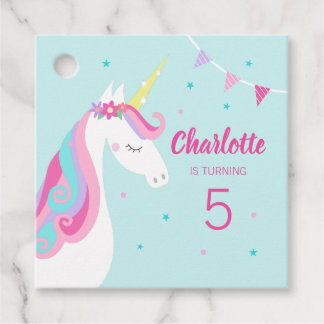 Whimsical Rainbow Unicorn Aqua 5th Birthday Favor Tags