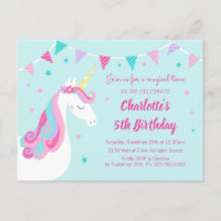 Whimsical Rainbow Unicorn Aqua 5th Birthday Invitation Postcard